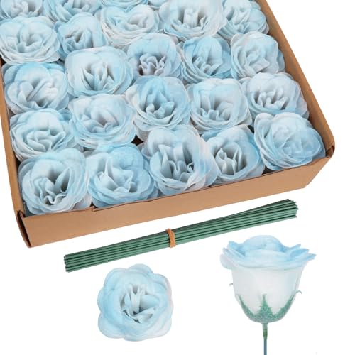 30PCS Light Blue Artificial Roses Fake Glitter Flowers Silk Roses with Stems for Wedding Bouquet Party Christmas Home Decor(Gradient Sky Blue) - color: Gradient Sky Blue