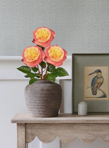 Artificial Roses - Set of 3 Long-Stem Real Touch Silk Roses, 24.4" Faux Flowers for Home Decor, Wedding Bouquets, Centerpieces & Floral Arrangements – Lifelike Yellow Pink Fake Roses - color: Yellow Pink