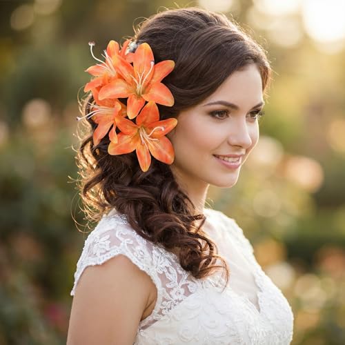 4 Bundles Lily Artificial Flowers 20Heads Orange Lilies with Stems 12.2" Easter Lily Fake Flowers for Summer Wedding Home Party Table Decor Centerpieces Floral Arrangements (Orange) - color: Orange