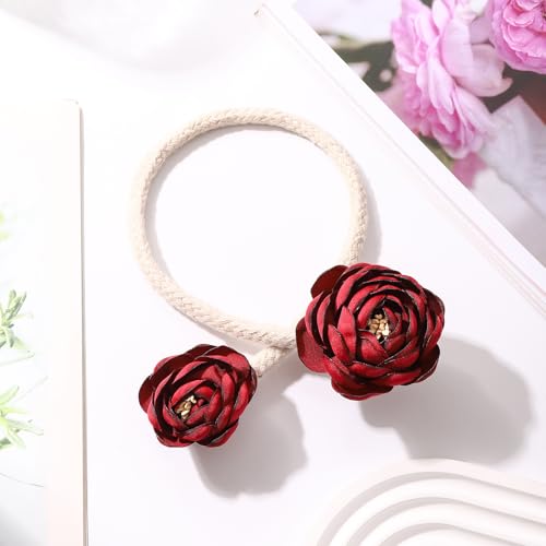 SUQ I OME 2 Pieces Handmade Artificial Christmas Red Flower Curtain Holdbacks,Curtain Tiebacks Clips Creative Window Drape Twist Tie Backs for Christmas Decorative Draperies Holdbacks (Wine Red) - color: Wine Red