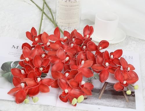 IPOPU Red Artificial Orchid 5 Pcs Latex Real Touch Orchid Fake Flowers Vase Filler for Home Decor Living Room Patio Wedding and Engagement Centerpiece - color: Red