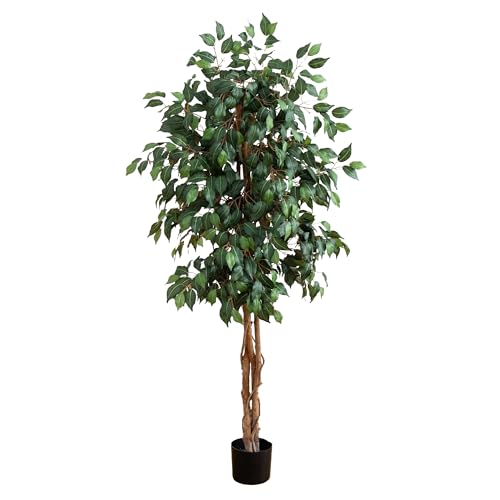 Nearly Natural 5ft Artificial Ficus Tree, Triple Trunk Faux Greenery with Natural Wood Trunks for Indoor Home Decor, with Black Nursery Pot - size: 5ft, style: Tree in Pot