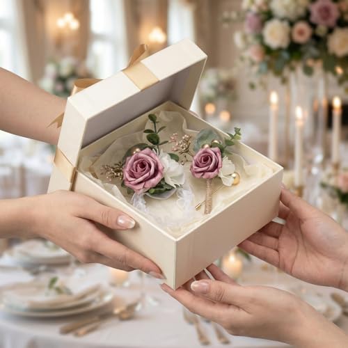 12 Pack Corsage and Boutonniere Set Handmade with Lifelike Artificial Rose, Non-Fading Prom Flower Wrist Corsage for Wedding Homecoming and Prom Events