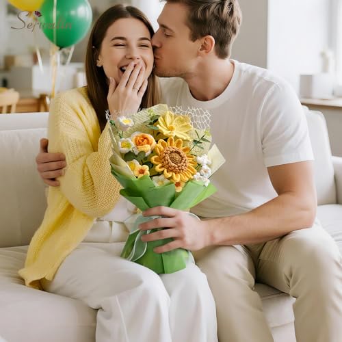 Serwalin Crochet Flower Bouquet,Yellow Knitted Flowers,Sunflower Crochet Flowers for Mother’s Day Wedding Anniversary Birthday Valentine Day Back-to-School or Graduation Ceremonies Gift (with Card) - color: Beautiful Sunflower