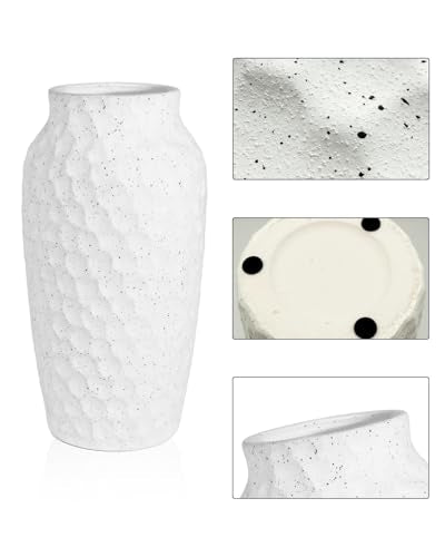 White Ceramic Vase for Flowers, Textured Speckled Hammered Finish Decorative Vase for Living Room, Table Centerpiece & Modern Home Decor - color: White, size: 12.4 Inch