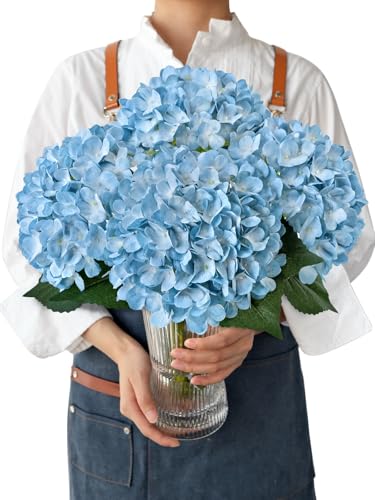 JINWOE Light Blue Hydrangea Artificial Flowers, 4PCS 21" Large Lifelike Full Outdoor Silk Artificial Hydrangeas, Fake Flowers Bouquets Arrangement for Porch Home Table Centerpieces Party - color: Light Blue