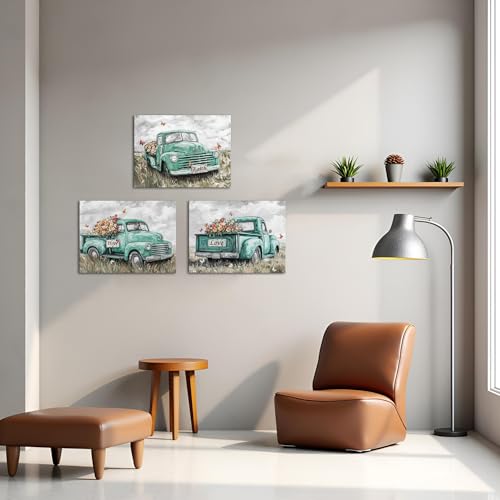 sechars Truck Wall Art Canvas Vintage Farmhouse Decor Faith Hope Love Floral Painting Prints (Green) - color: Green