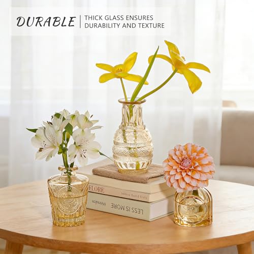 SUPMIND 16Pcs Glass Bud Vase Set, Small Flower Vases in Bulk for Centerpieces, Mini Vintage Amber Vase for Wedding, Home Decor, Table Decoration - Gold Amber - color: Goldamber