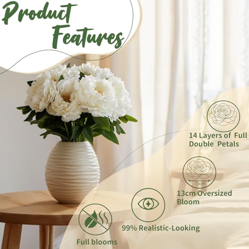 White Premium Silk Artificial Peonies, 2 Bouquets (10 Large 5.12" Heads), 13.78" Tall Fake Floral Arrangements for Wedding Centerpieces, Home Decor & Indoor Vase Display - color: White New