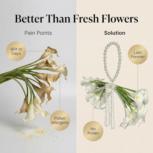 20 Pcs Calla Lily Bridal Bouquet with Pearl Handle, Pearl Cascade Wedding Bouquet with Beaded Pearls, Elegant Bridal Flowers for Wedding Ceremony, Marriage, Party, Church, Bridesmaid Bouquet