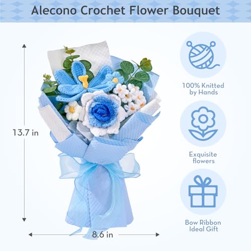 Alecono Crochet Flower Bouquet, Knitted Flowers, Blue Handmade Bouquet of Flowers for Lover Anniversary Birthday Party Mother's Day Graduation Gifts (Include Card) - color: Blue