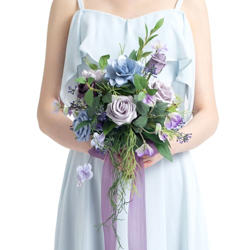 Ling's moment Light Purple Artificial Wedding Flower Bouquets for Bridesmaids Blue Floral Bouquet Lilac Bridesmaid Bouquets with Ribbon Ceremony Anniversary,7-inch Diameter - color: Prpl-deep Plum