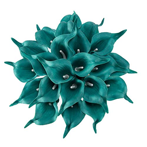 Crafjie 22pcs 13.4 Inch Peacock Blue Lataex Real Touch Artificial Calla Lily Flowers, for Home Decor for Spring Flowers, Home Kitchen, Wedding Decorations, and centerpieces. - color: Peacock Blue