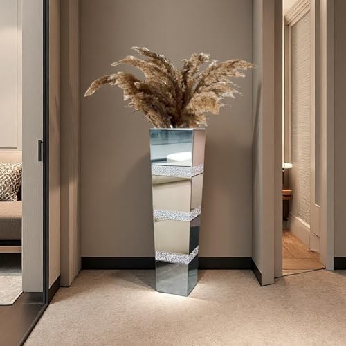 30" Large Crushed Diamond Floor Vases,Tall Mirrored Silver Crystal Vase, Floor Vases Decorative Tall for Home,Office,Hotel (8" L x 8" W x 30" H) - size: 8" L x 8" W x 30" H