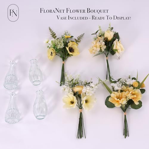 4Pcs 13.5" Flowers w Glass Rose,Magnolia, Anemone,Poppy, Hydrangea,Ranunculus Mix Arrangements for Home Office Bathroom Dining Table Coffee Table Decor