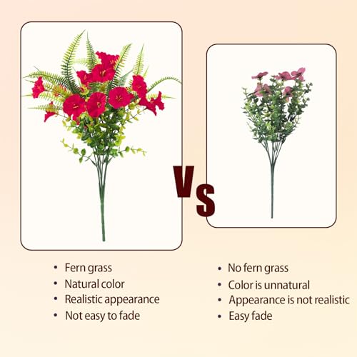 Artificial Flowers for Outdoors 12 Bundles Artificial Petunias Fake Flowers UV Resistant Shrubs Plants with Fern for Indoor Outside Hanging Planters Home Garden Summer Decorations(Rose Red) - color: Rose Red