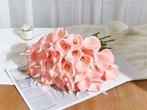 24 Pcs Pink Artificial Calla Lily Flowers Fake Pink Silk Flowers Real Touch for Wedding Bouquet Office Home Kitchen Decor - color: Pink