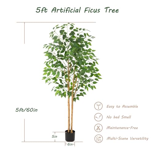 Bellacat 5ft Ficus Tree Artificial with Double Real Wood Trunks, 60in Faux Ficus Tree with Lifelike Leaves, Fake Ficus Tree for Living Room Bedroom Office Decor - color: Green With Double Trunks, size: 5ft