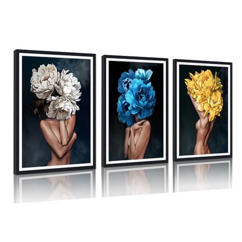 Flower Head Woman Canvas Wall Art Sexy Women Nude Posters Wall Decor Girls with Colorful Flowers Prints Artwork for Living Room Bedroom Bathroom Hotel Framed Ready to Hang 24x36inchx3pcs - color: Art01, size: 24x36x3Pcs Black Framed