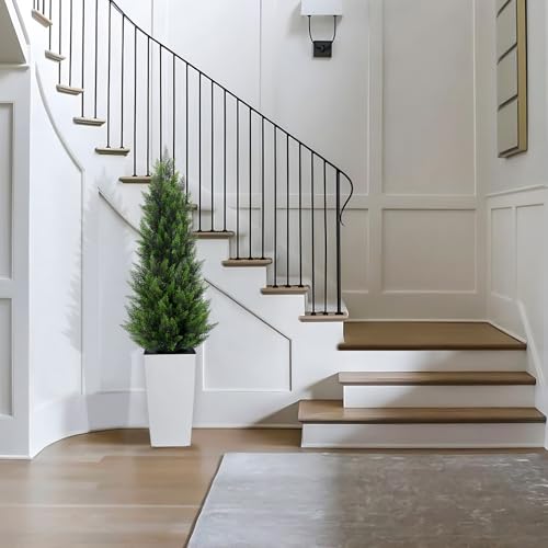 5FT Tall Artificial Cedar Topiary Tree with Compact Pyramidal Shape, Realistic Faux Cypress in Square White Pot with Fillable Water Bag, Outdoor Evergreen for Front Porch Garden Home Decor - color: White-pyramid Topiary, size: 5ft-1pack