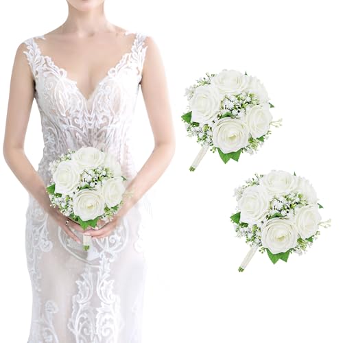 Set of 2 Bridesmaid Bouquets for Wedding - 7 Inch Ivory White Fake Flower Bouquet for Bridesmaid, Silk Rose Artificial Babys Breath Small Bouquet Handmade for Bridal Shower Ceremony Anniversary - color: Ivory, size: Set of 2 Bridesmaid Bouquets