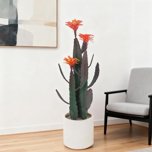 Artificial Cactus Plant, Tall UV Resistant Faux Cactus Plant, Realistic Texture Tall Fake Plant, Faux Desert Cacti Potted Plant with Planter for Indoor Outdoor Decoration - color: Red + Green