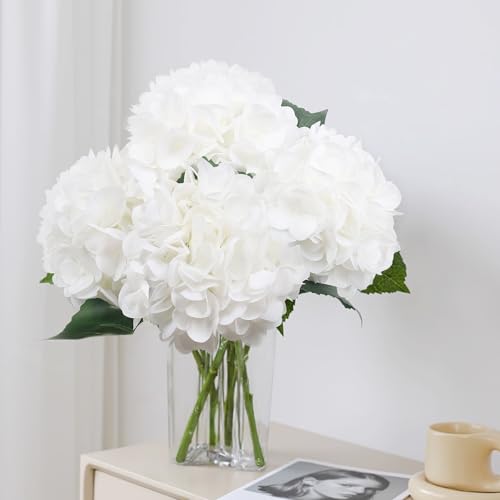 4PCS White Hydrangea Artificial Flowers 25" Faux Hydrangea Flowers, Fake Hydrangeas Latex Real Touch Hydrangeas Flowers with Stems for Home Decor Party Wedding Floral Arrangements - color: White