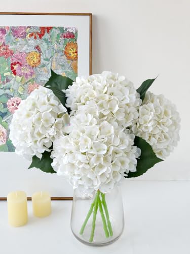 YalzoneMet 4Pcs White Silk Hydrangeas Artificial Flower Natural Lifelike Big Blooms 20'' Long Stem Faux Hydrangea Flower Bouquets for Home Party Indoor Outdoor Wedding Table Centerpiece Decor - color: White