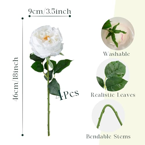 4 Pcs Real Touch Peonies Artificial Flowers, 3.5'' Big Bloom Austin Rose Peony Latex Fake Flower with Stems for Wedding Bouquet Party Valentines Arrangement Home Kitchen (White) - color: White