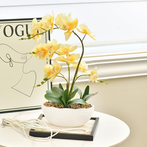 19" H Phalaenopsis Faux Orchid Plant Silk Orchid Centerpiece Artificial Floral Arrangement in Ceramic Pot (Yellow) - color: Yellow