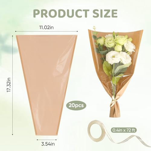 Wzifyf 20 Pack Flower Bags for Bouquets Flower Bouquet Holders Kraft Floral Wrapping Paper Flower Sleeves Build Your Own Bouquet Bar with 72 Ft Ribbons for Valentine's Day Packaging Supplies - color: Kraft, size: bouquet wrap