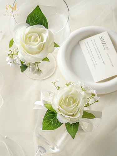 Ivory White Rose Wrist Corsage and Boutonniere Set for Prom Wedding | Artificial Silk Rose Women Pearls Corsage with Men Boutonniere for Wedding Accessories Prom Ceremony Party - color: White Wrist Corsage and Boutonniere Set