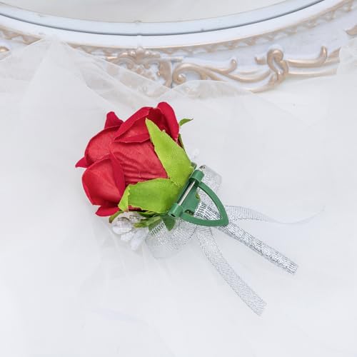 Red Rose Boutonniere for Men, Set of 2, Groom and Best Man Artificial Flowers Boutonnieres, for Wedding Ceremony Formal Dinner Prom Party - color: 2 Boutonnieres Red