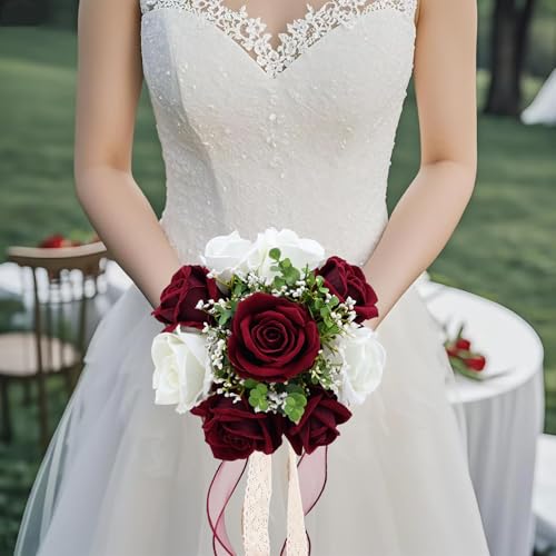 9in Wedding Bouquets for Bride Bridesmaid, Burgundy & White Artificial Roses Flowers Bouquet for Rustic Church Boho Wedding or Centerpieces Decoration