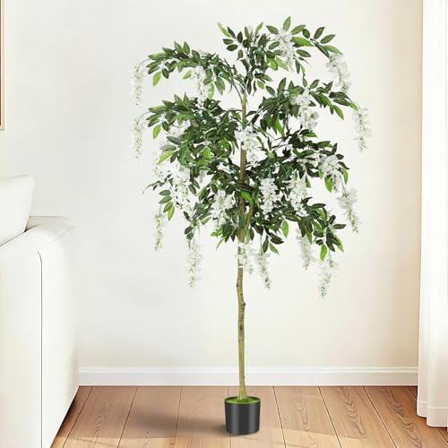 6FT Ficus Tree Artificial Indoor Tall Faux Wisteria Tree in Nursery Pot Fake Potted Tree with Blooming White Flowers and Real Wood Trunk for Home Office Living Room Decor
