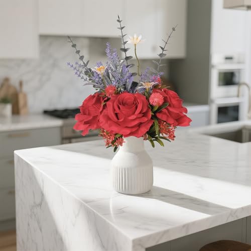 Artificial Flowers in Vase, Silk Roses Flowers Artificial Eucalyptus Lavenders Small Daisies and Fake Plants in White Ceramic Vase, Floral Centerpieces for Tables, Faux Flowers for Coffee Table Décor - color: Red