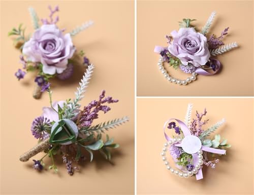 Purple Wrist Corsage Wristlet Band Bracelet and Men Boutonniere Set for Wedding Party Bridal Shower Homecoming Ceremony Anniversary for Girl Mother Bride Bridesmaid Groom Groomsmen - color: Purple Corsage and Boutonniere