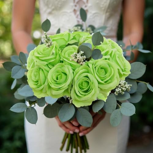 Felice Arts 12 Pack Light Green Artificial Flowers with Stems Silk Roses Fake Flowers Bouquet for Wedding Table Vase Home Kitchen Hotel Office Party DIY Decor - color: Light Green