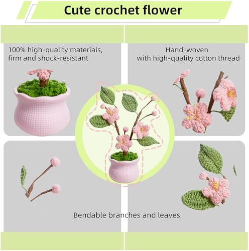 Knitting Crochet Flowers Potted Flower, Fake Forget Me Not Flowers Gift for Teacher, Friend, Family and Lover, Cute Decor for Room, Car Dashboard, Home Office Decoration(Pink Peach Blossom) - color: Pink Peach Blossom