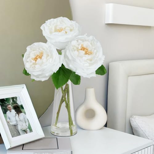 Zythrem Fake Flowers in Vase White Peonies with Vase Faux Peonies Flowers Look Real Faux Water Silk Flower Arrangements for Table Centerpiece Bathroom Office Kitchen Gift Decor - color: White