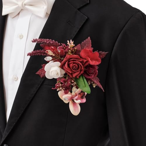TINGE TIME Single Pocket Boutonniere for Man Groom, Best Man Boutonniere for Wedding, Prom, Homecoming, Anniversary, Graduation, Christmas Dinner(Burgundy) - color: Burgundy