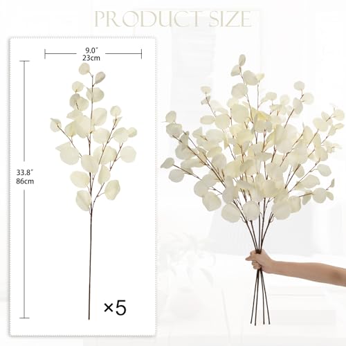Cream White Eucalyptus Stems Fake Eucalyptu Leaves 34” Long Silver Dollar Leaves 5 Pcs Silk Eucalyptu Stems for DIY Bouquet Arrangements Centerpieces Shower Decorations-Artificial Eucalyptus Spray - color: Cream White