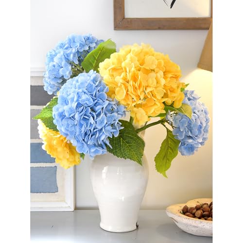 FiveSeasonStuff Real Touch Silk Hydrangea Flowers, 2 Large Long Stem Artificial Flowers for Floral Arrangements (Mixed Heavenly Blue & Sunbeam Yellow) - color: Mixed Heavenly Blue + Sunbeam Yellow