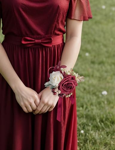 Set of 2 Wrist Corsage Wristlet for Wedding Bridesmaid Mother Grandmother for Bridal Shower Wedding Artificial Roses Flower Prom (Burgundy) - color: Burgundy