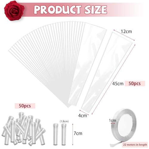 Bayurht 101 Pcs Single Rose Sleeve with Floral Water Tubes 50 Sets Single Flower Packaging Bags Single Flower Sleeve with Ribbons and Floral Water Tubes for Christmas Bouquets Wrapping (Transparent) - color: Transparent