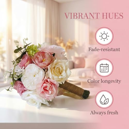 Wedding Bouquets for Bride, Light Pink and Green Bridal Bouquet | Realistic Silk Rose for Rustic Boho Church Ceremony, Proposal, Thanksgiving, Wedding Decor - color: Pink and Green