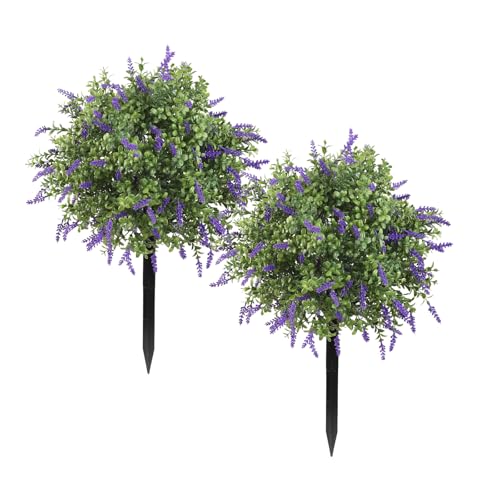 Artificial Topiary Bushes with Ground Spike Set of 2, Faux Boxwood Ball Trees for Outdoor, Fake Shrubs Bushes Decorations for Indoor Front Porch Garden - UV Resistant Faux Plants - Purple Lavender - color: Purple Lavender