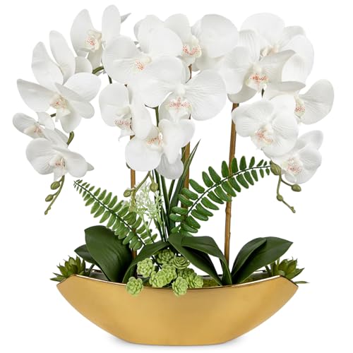 Briful Orchid Fake Flowers 18in White Artificial Orchid Silk Flowers in Gold Pot Faux Orchid Arrangement for Home Office Bathroom Dining Table Modern Decoration - color: White Gold
