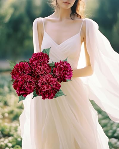 6PCS Premium Burgundy Hydrangea Artificial Flowers Bouquets, Wine Red Silk Hydrangea Flowers with Stems, Fake Hydrangeas Arrangement, Faux Hydrangea Decor for Home Wedding Party (Burgundy，Wine Red) - color: Burgundy，wine Red