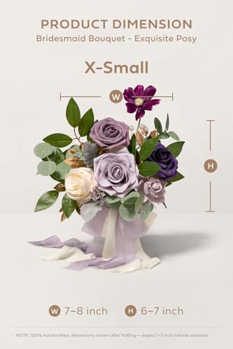 Ling's moment Artificial Bridesmaid Bouquets Set of 6,Purple Wedding Flower Bouquets Lilac Rose Floral Bouquet Bridal Bouquets with Ribbon Ceremony Anniversary,7-inch Diameter - color: Prpl-lilac & Gold